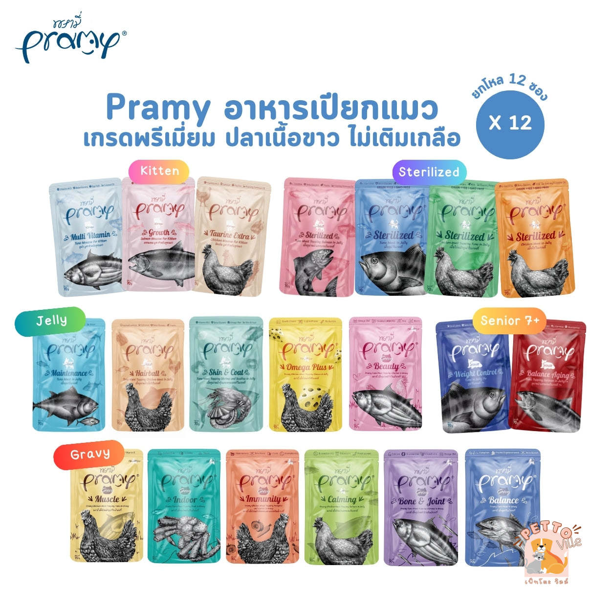 Pramy Functional พรามี่ [12 ซอง] อาหารเปียกแมว เกรดซุปเปอร์พรีเมี่ยม ปลาเนื้อขาวล้วน ไม่เติมเกลือ ขนาด 70 กรัม