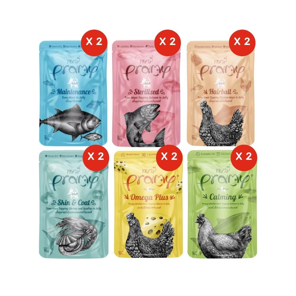Pramy Functional พรามี่ [12 ซอง] อาหารเปียกแมว เกรดซุปเปอร์พรีเมี่ยม ปลาเนื้อขาวล้วน ไม่เติมเกลือ ขนาด 70 กรัม