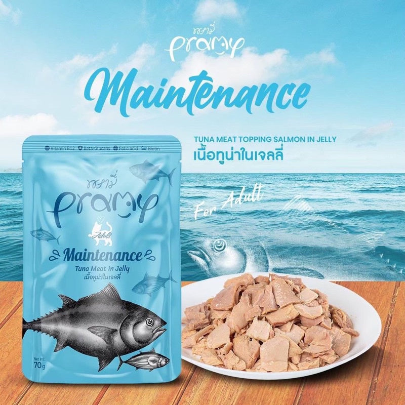 Pramy Functional พรามี่ [12 ซอง] อาหารเปียกแมว เกรดซุปเปอร์พรีเมี่ยม ปลาเนื้อขาวล้วน ไม่เติมเกลือ ขนาด 70 กรัม