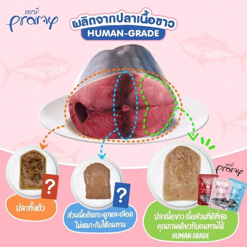 Pramy Functional พรามี่ [12 ซอง] อาหารเปียกแมว เกรดซุปเปอร์พรีเมี่ยม ปลาเนื้อขาวล้วน ไม่เติมเกลือ ขนาด 70 กรัม