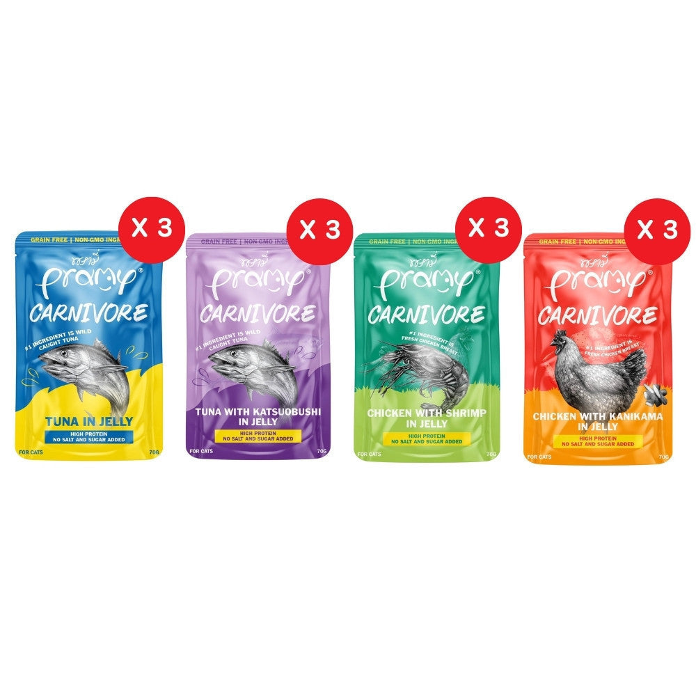 Pramy Carnivore [ยกโหล 12 ซอง] อาหารเปียกแมว เกรดพรีเมี่ยม กลูเตนฟรี ขนาด 70 กรัม